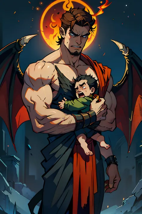 An angry man who is a devil with bat wings, holding a neglected crying baby, background is  the flames of hell, mood is degradation, decadence, alienation, mendacity, night time light, character design.