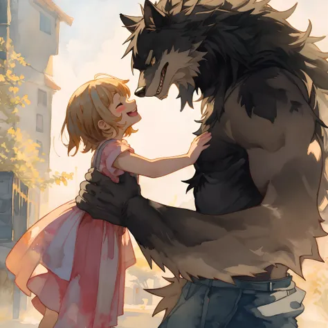 watercolor, soft color, Vintage images, highres, unparalleled masterpiece, absurdres, love story of human Child girl and giant Werewolf, pair, Height difference, Physical difference, perfect anatomy, smile, joyful, play with, smile, happy, watercolor,