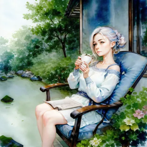 ((uma pintura em aquarela)) of a woman sitting in a chair reading a book and drinking coffee, arte conceitual relaxante, fundo aconchegante da casa, sentado no jardim, summer afternoon, Papel de parede aconchegante, 2d illustration, sentado com flores, pin...