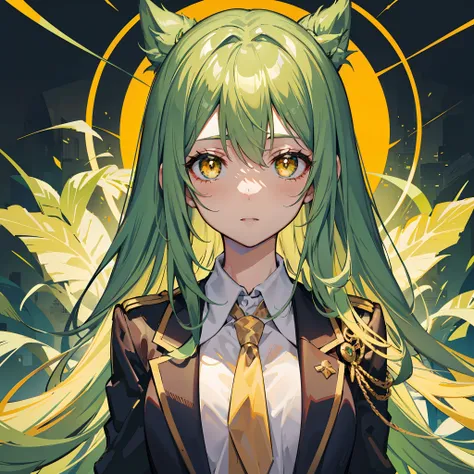 long green hair，6 symmetrical eyes grow on the face，Royal Yellow Pupils，glowing brown skin，in school uniform，Shes a pretty cute weird girl