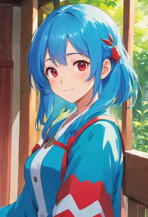 "IN ANIME STYLE LIKE NIJISANJI EN、Please generate a blue-haired male Vtuber avatar wearing a red skajan。"

Avatar features:
- blue hair: Try to have bright blue hair。
- Red skajans: Wearing a red skajan。It is good to have a design and pattern in the skajan...