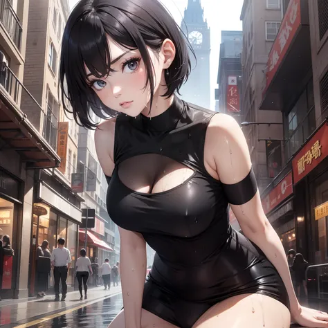 The woman, She is dressed in a black shirt, A pensive look with very short gray hair, light beam, beautiody, Hot, black panties, Sexy, Wet, Lying in the center of the city-tower, The city is created, Amazing light, zoom out.