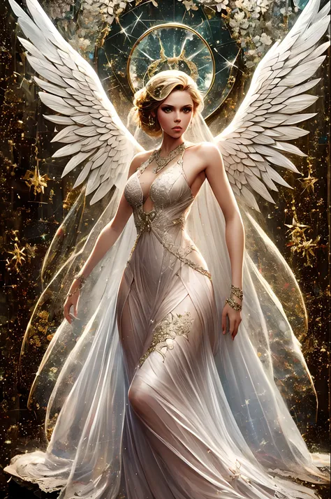 full body (((angel goddess)))，Delicate face, looking at camera, (Claire Holt)，The face of Eros, braided hair, handsome, glowing mosaic background，sparkling diamonds, glow，(bridal dress) ,Taller, cut colors，The Arthur effect, (white dress), divine beauty, (...