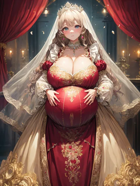 (masterpiece, best quality,extremely detailed:1.1),(moe anime art style:1.2),1girl,((full body,focus face)),((solo)), cute, kawaii,digital art,((1 bling-bling pregnant princess wearing beautiful embroidery and jeweled gorgeous princess rococo ballgown with...