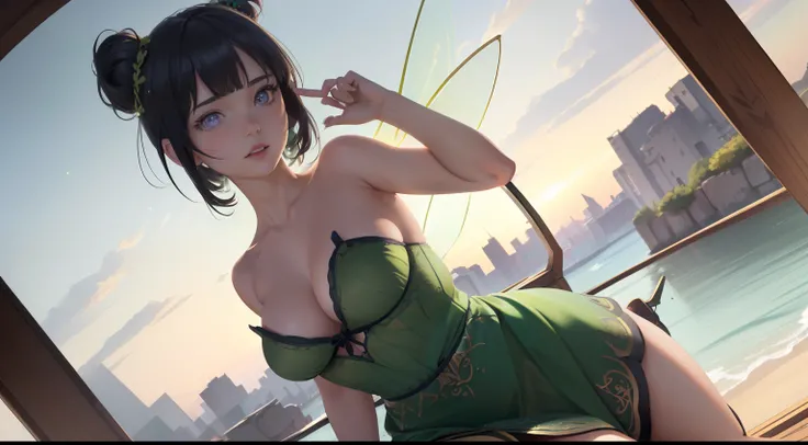 (TinkerWaifu:1), cute, cute pose, looking at viewer, thick thighs, single hair bun, short hair, (strapless green dress:1), (fairy wings), sitting, (breast focus:1.2), from above, 
(realistic:1.2), (realism), (masterpiece:1.2), (best quality), (ultra detail...