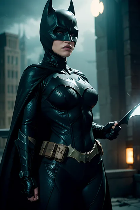 ((Jennifer Garner as Batman holding a Batarang)), wearing Batman armor with cape, (dynamic pose), defined muscles, red hair, athletic build, tight costume, very beautiful, ((sexy, small natural breast, cleavage, nippin, camel toe)),  (highly detailed skin:...