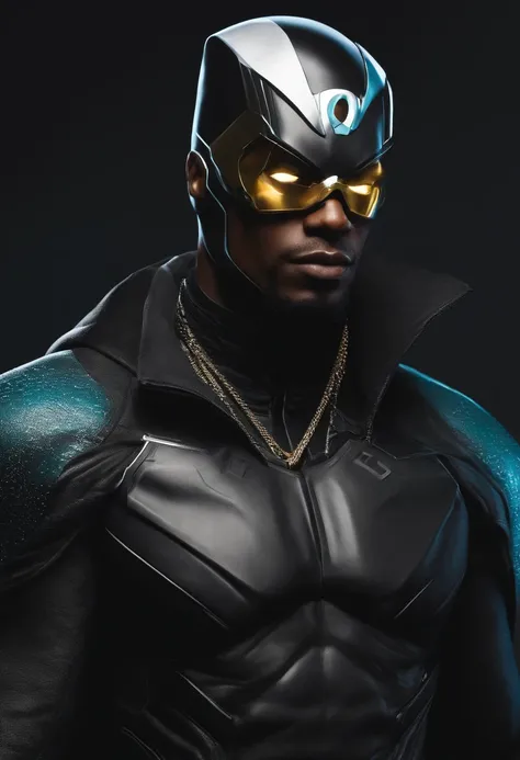 Personagem Carario negro da DC comics, Estilo de roupa cyberpunk com body preto jaqueta de couro preta, realista, detalhado, Many details in the eyes is in the clothing