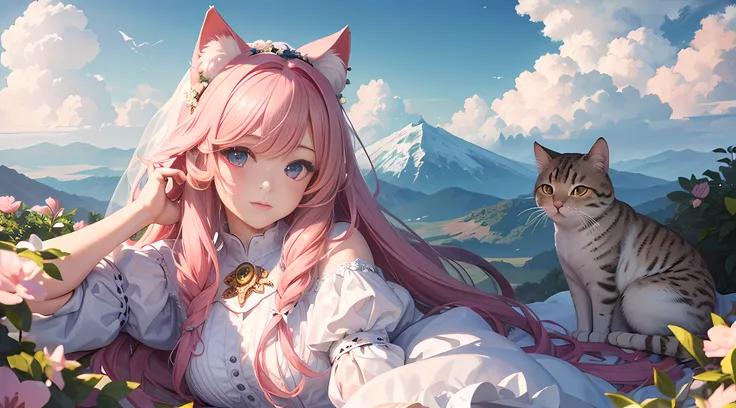 (Masterpiece:1.3), (Best quality:1.3), Stand in the clouds and look down at the earth, Highly detailed face, highly details eye，schoolgirls, (white wedding gown), Long pink hair, cat ear，