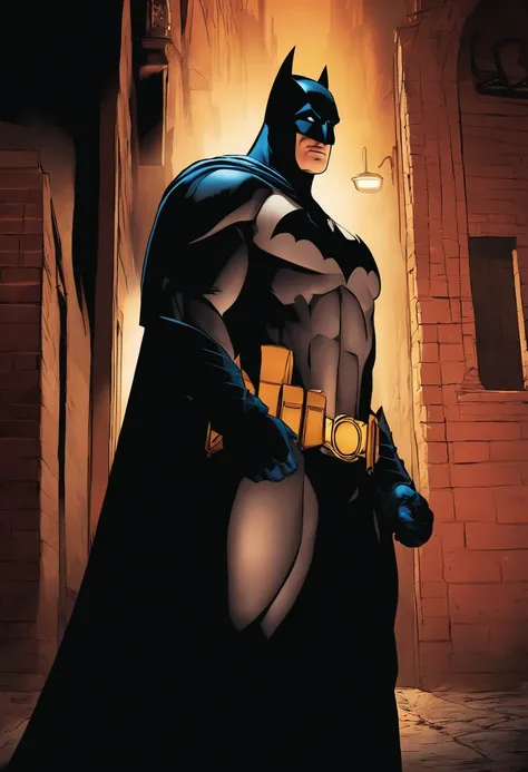 Um close do rosto do Batman, illuminated by a single spotlight in a dark alley.