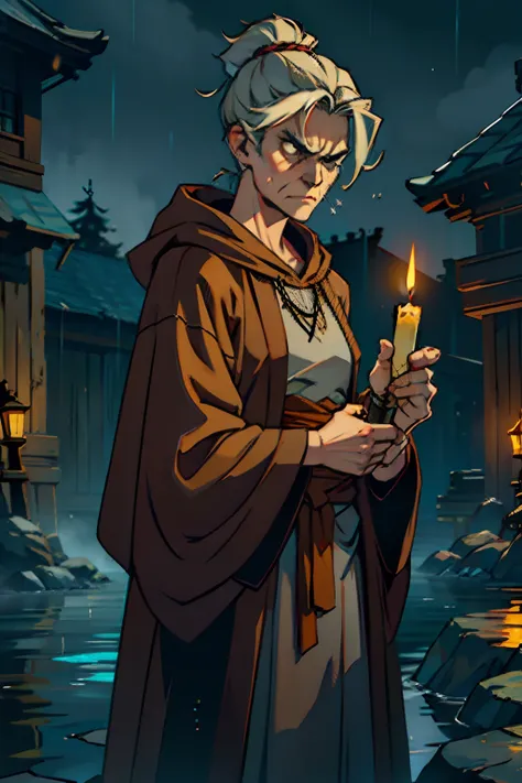 An angry old woman, with a deadly scowl, wearing brown tattered robes, holding a small candle, background is dark, misty rain, mood is gloomy, desperate, confining, depressing, night time light, character design.