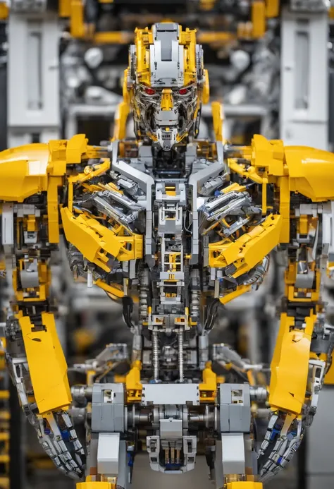 A closeup of a t800 on a stand with a yellow wall, robot made of jet parts, mechanical robot body, detailed humanoid, symmetry! futuristic robotics, made of lego, endoskeleton, made of mechanical parts, intricate mechanical body, mech body, large robot, me...