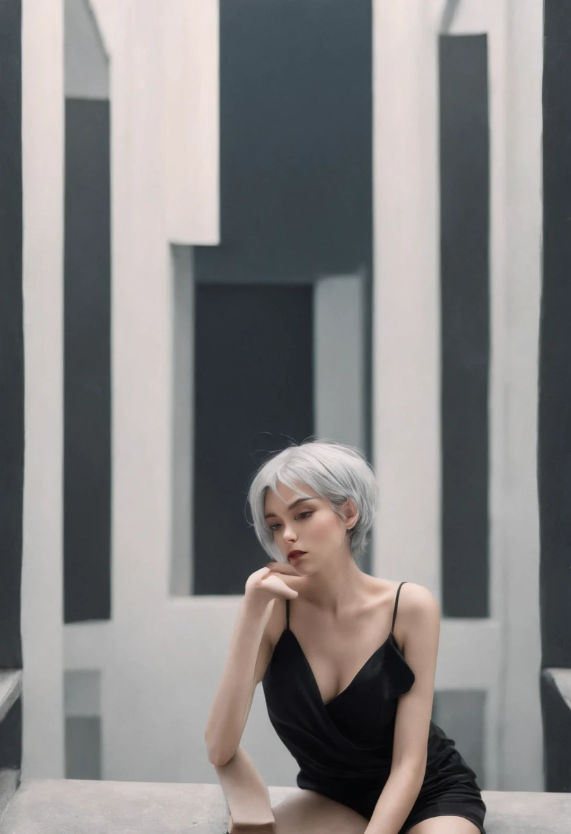 analogue photography, Grain Film, Vintage photo, portra 400, The Flash, Lo-Fi aesthetics:: The woman, She is dressed in a black shirt, A pensive look with very short gray hair, light beam, beautiody, Hot, black panties, Sexy, Wet, Lying in the center of th...