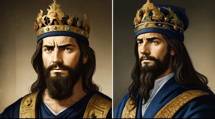 "Draw an imposing portrait of the king of Israel, with striking facial features and an expression of authority.”