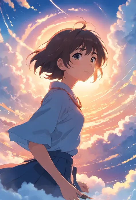 masterpiece, best quality, movie still, 1girl, cloud girl, floating in the sky, close-up, bright, happy, warm soft lighting, sunset, (sparks:0.7)