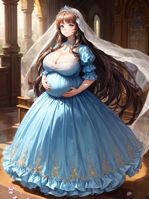 (masterpiece, best quality,extremely detailed:1.1),(moe anime art style:1.2),1girl,((full body,focus face)),((solo)), cute, kawaii,digital art,((1 bling-bling pregnant princess wearing beautiful embroidery and jeweled gorgeous princess rococo ballgown with...