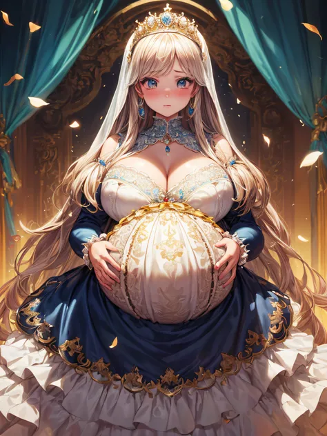 (masterpiece, best quality,extremely detailed:1.1),(moe anime art style:1.2),1girl,((full body,focus face)),((solo)), cute, kawaii,digital art,((1 bling-bling pregnant princess wearing beautiful embroidery and jeweled gorgeous princess rococo ballgown with...