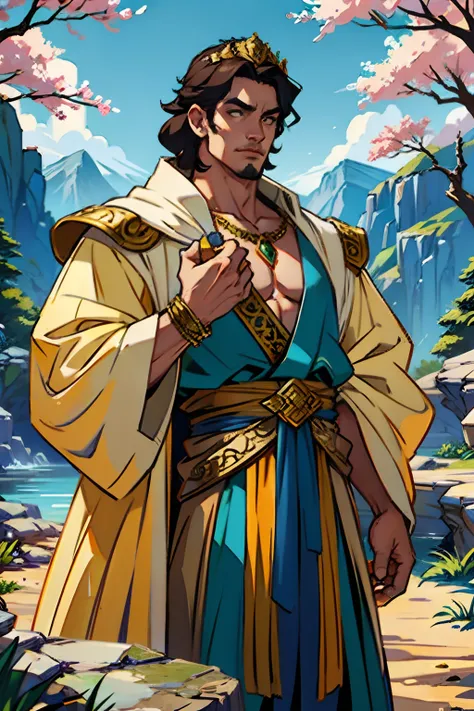 A man who is a wealthy king, wearing a jeweled crown and other jewelry, holding coins in hand, background is springtime landscape, mood is productive constructive, bravery, power, daytime light, character design.