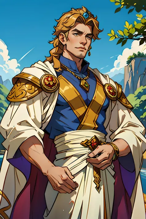 A man who is a wealthy king, wearing a jeweled crown and other jewelry, holding coins in hand, background is springtime landscape, mood is productive constructive, bravery, power, daytime light, character design.