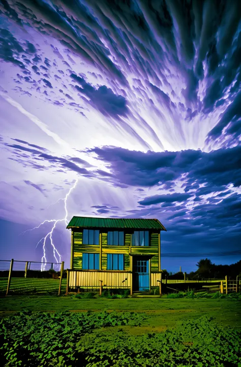 a building with a blue door and a lightning bolt in the background , outdoors, sky, cloud, no humans, window, night, night sky, scenery, fence, lightning