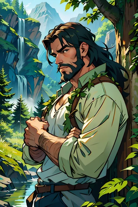 A man who is a rugged nature loving man with messy hair and beard, examining the leaves of a tree in a forest, background is summertime with mountain in distance, mood is grace, peace, sublime, delight, daytime light, character design.