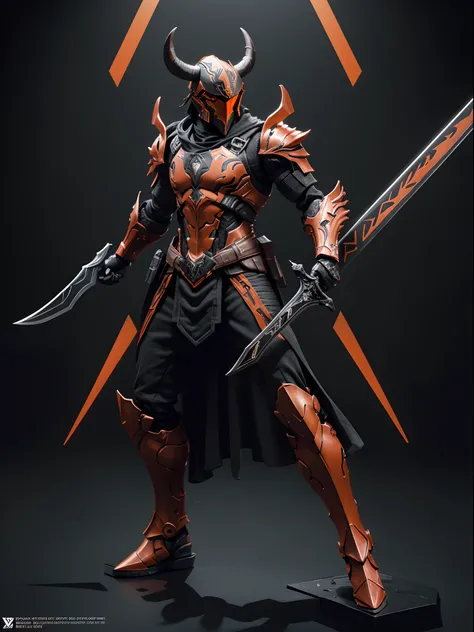 Commercial style shot, (action figure of Spartan Warrior in a warframe style armor with a black sword), (red black and orange color scheme), (Ram style-horned Spartan helmet with black flowing cloak), plastic material with metallic coating, (solid color ba...