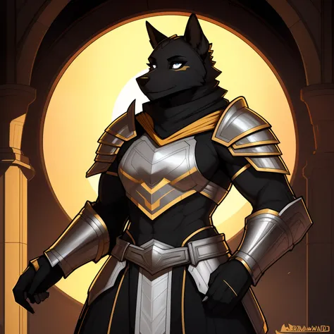 Tall_muscular_warhound female black_furry_body silver_eyes heavy_plate_armor yellow_tabard yellow_surcoat solo Masterpiece best_quality absurdres highly_detailed cleanly_drawn_eyes anthro_only by_claweddrip, by_greasymojo, by_underscore-b, by_runawaystride