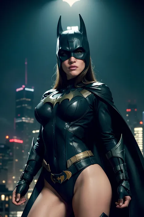 ((Jennifer Garner as Batgirl holding a Batarang)), wearing cyberpunk Batgirl armor with cape, (dynamic pose), no mask, defined muscles, red hair, athletic build, tight costume, very beautiful, ((sexy, small natural breast, cleavage, nippin, camel toe)),  (...