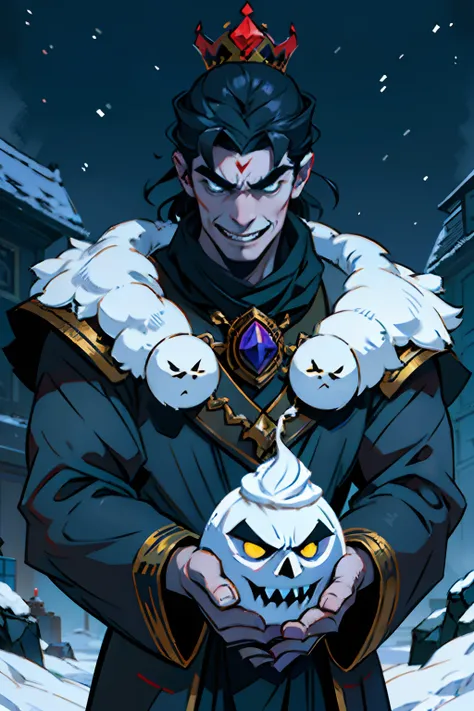 A man who is an evil emperor with a sinister grin, wearing a broken crown, holding a snowball in his hand, background is black night sky, eerie lighting, snow falling, mood is futile, nugatory, abysmal, desolate, character design.