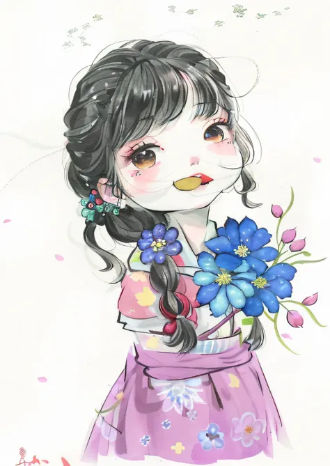 There is a drawing of a girl with a flower in her hand, flores em seus cabelos escuros, com flores congeladas ao seu redor, com flores, inspirado em Kim Du-ryang, Chibi, Nice Cartunesco, inspirado em Takehisa Yumeji, inspirado em Alice Prin, segurando flor...