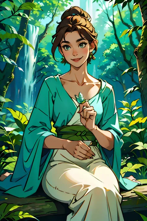 A woman who is a beautiful smiling woman in a forest, with a bird perched on her finger, background is summertime forest, mood is delicate, gentle, loving, happy, daytime light, character design.