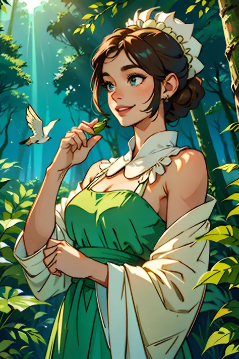 A woman who is a beautiful smiling woman in a forest, with a bird perched on her finger, background is summertime forest, mood is delicate, gentle, loving, happy, daytime light, character design.