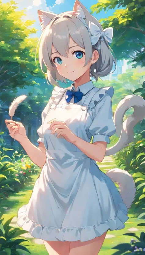 Stand in the garden、Wearing a white maid dress，silber hair，eBlue eyes、Cat-eared girl,  small curvaceous loli, Guweiz on ArtStation Pixiv, Guviz, small loli girl, Soft anime illustration, Anime visuals of cute girls, Detailed digital anime art, (((No arm de...