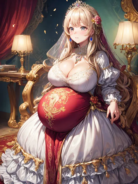 (masterpiece, best quality,extremely detailed:1.1),(moe anime art style:1.2),1girl,((full body,focus face)),((solo)), cute, kawaii,digital art,((1 bling-bling pregnant princess wearing beautiful embroidery and jeweled gorgeous princess rococo ballgown with...