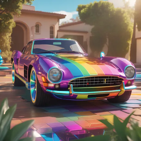 a colorful car parked in front of a house with a rainbow-painted roof, colorful vivid octane render, Raytracing hiper fotorrealista, car with holographic paint, colorful octane render, Altamente detalhado Hyper Real Retro, Ray Tracing ativado, octane ray t...