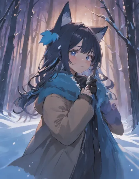 (Masterpiece, Best quality, ultra-high resolution),1girl,black hair, fox ears,coat, snowy forest , night,(colored skin, blue skin),beautiful and detailed face, detailed eyes,((blue and gray theme))