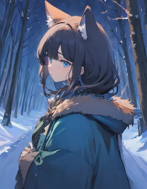 (Masterpiece, Best quality, ultra-high resolution),1girl,black hair, fox ears,coat, snowy forest , night,(colored skin, blue skin),beautiful and detailed face, detailed eyes,((blue and gray theme))