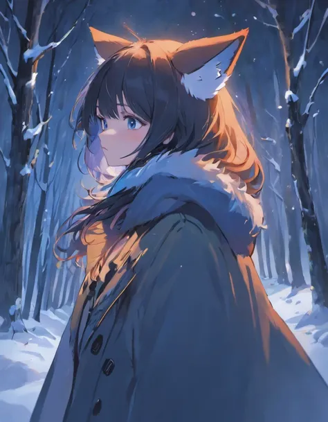 (Masterpiece, Best quality, ultra-high resolution),1girl,black hair, fox ears,coat, snowy forest , night,(colored skin, blue skin),beautiful and detailed face, detailed eyes,((blue and gray theme))