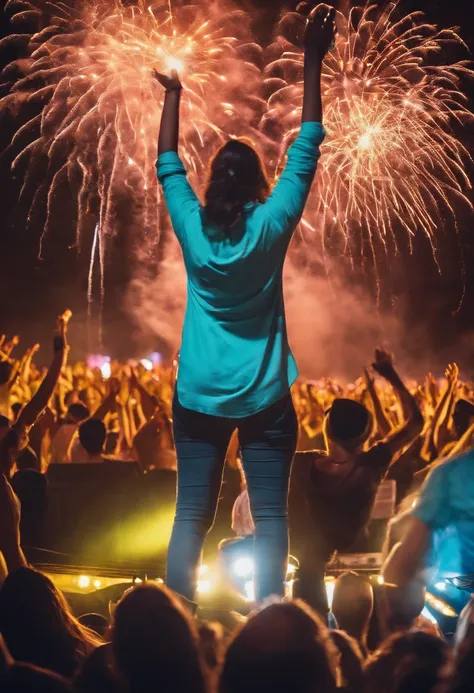 (best quality,realistic:1.37),vibrant music festival,large open field,full of energetic people,jumping and dancing to the music,loud and lively beats,resonating in the air,colorful stage lights illuminating the night sky,dazzling fireworks shooting up into...