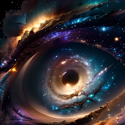 obra-prima, clear, ultra detalhado, 8k, Eyes made by the Milky Way, The middle of the eye is a black hole equal to interstellar film, (formato do olho humano), ((luz esmaecida suave)), Viewing angle, melhor qualidade, esmaecido, (alta fundo detalhado: 1.2)...