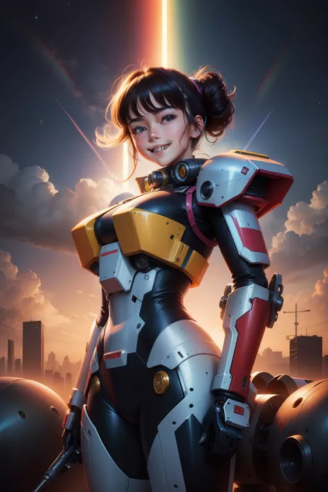 80s mecha girl young high-quality high-definition, smiling, battle, rainbow, scifi