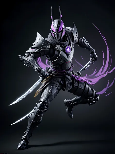 Commercial style shot, (action figure of Mechanical Samurai in a Warframe style armor with a black Katana), (purple and black color scheme with neon green linings), (Samurai Kabuto helmet with black flowing cloak), plastic material with metallic coating, (...