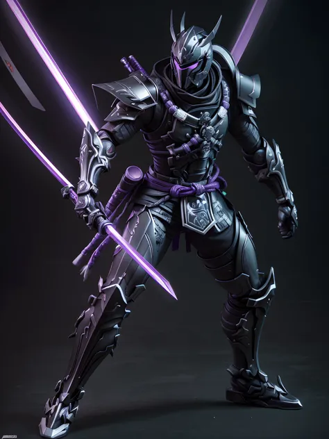 Commercial style shot, (action figure of Mechanical Samurai in a Warframe style armor with a black Katana), (purple samurai armor and black inner suit with neon green linings), (Samurai Kabuto helmet with black flowing cloak), plastic material with metalli...