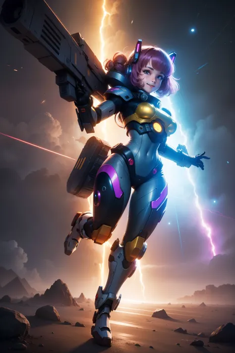 80s mecha girl young high-quality high-definition, smiling, battle, rainbow, scifi, full body, dynamic action. Alien look