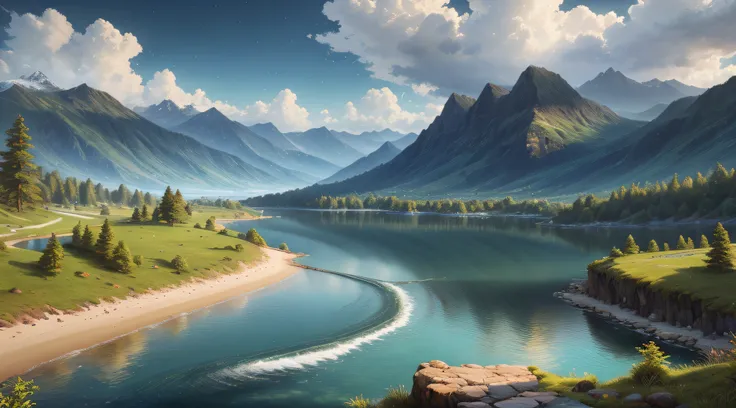 landscape,water,(extremely detailed CG unity 8k wallpaper), most beautiful artwork in the world,professional majestic oil painting,intricate, High Detail, Sharp focus, dramatic, photorealistic painting art