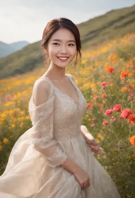 best quality, very high resolution, (photorealistic:1.2), (smile:1.4) 24 year old Asian actress wearing elegant (windblown:1.2) (dress:1.2) in a valley full of millions of (colorful) wildflowers :1.6), facial details, (solo: 1.4), (wind blown:1.2) hair, mi...