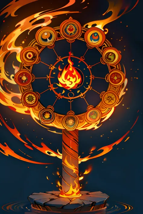 A round ornamental mandala made of fire, flames and a whirlpool of lava, surrounded by stone.