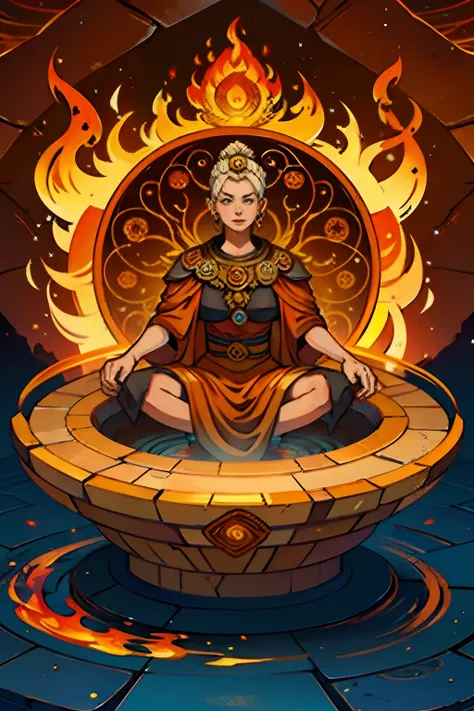 A round ornamental mandala made of fire, flames and a whirlpool of lava, surrounded by stone.