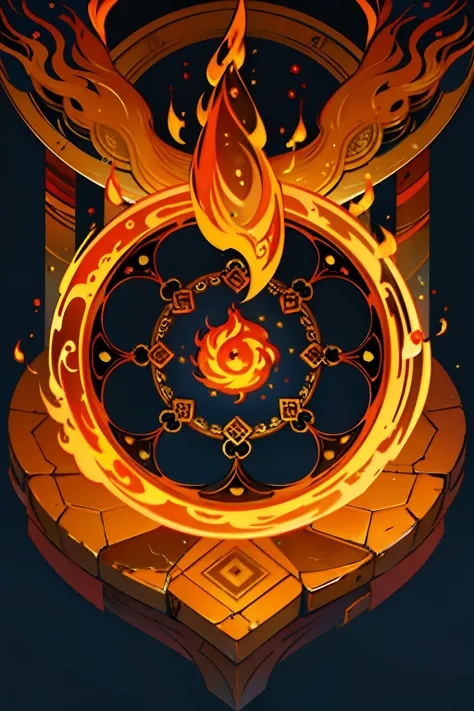 A round ornamental mandala made of fire, flames and a whirlpool of lava, surrounded by stone.