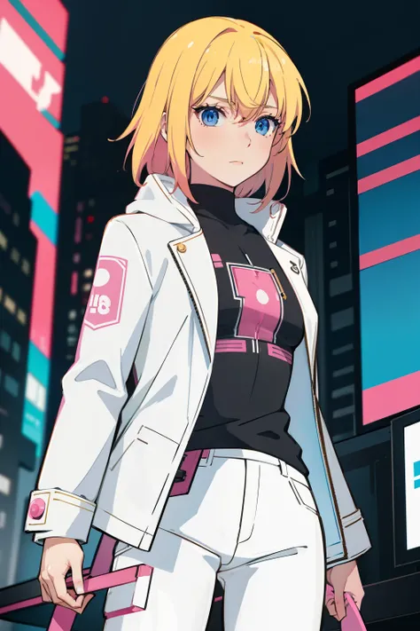 solo, 1girl, (masterpiece), ((16 year old appearance)), Blonde hair, Medium hair, blue eyes, anime girl,  medium breasts, White jacket with pink details and a black shirt, White pants, cyberpunk city, nigth