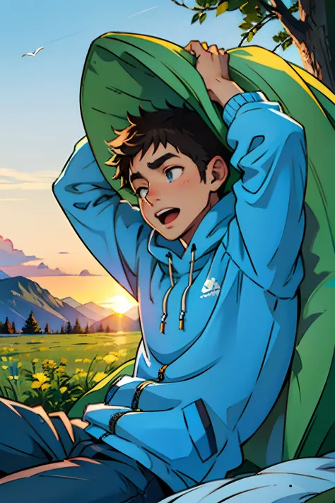 A young boy, camping outside in a sleeping bag, waking up in the morning, eyes opened, arms extended, yawning, background is spring garden daylight, sunrise, mood is happy, innocent.